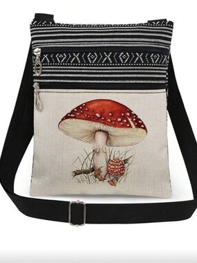 Canvas Crossbody Bag with Red Mushroom Print - Unbranded